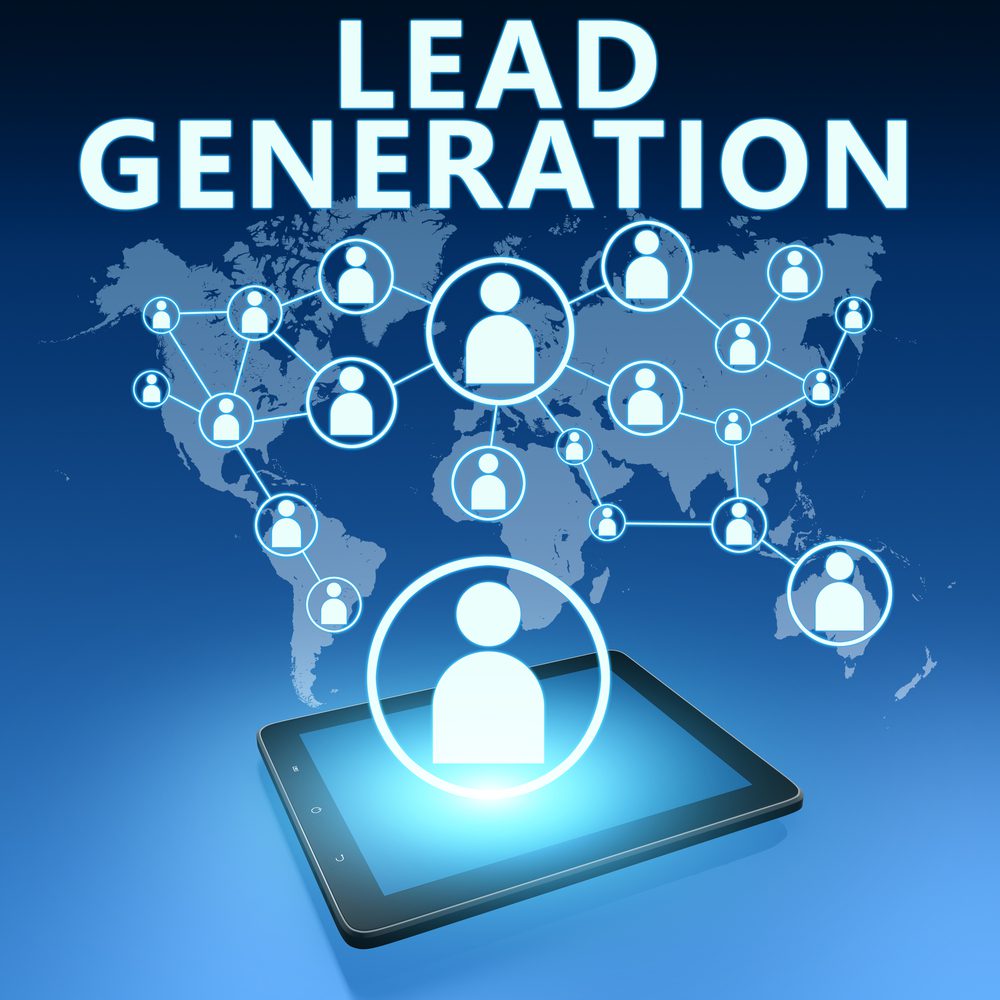 Lead Generation illustration with tablet computer on blue background