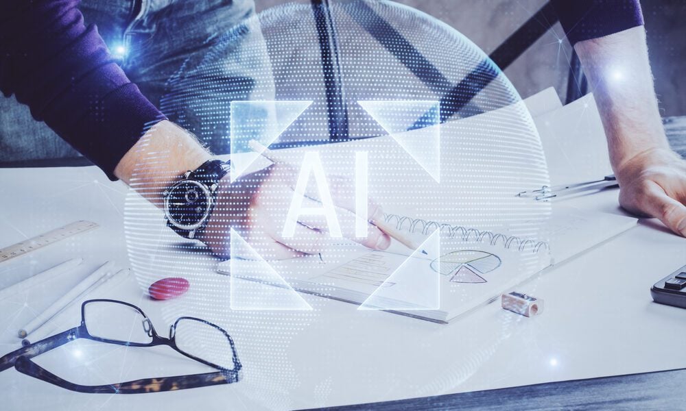 Writing man with technology icons. . Double exposure. Network and data concept.