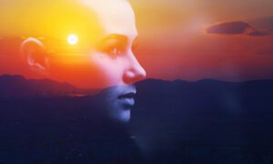 Double multiply exposure abstract dark portrait of a dreamy cute young woman face head sun silhouette in sky, sunrise nature. Psychology power of mind, human spirit, mental health, life zen concept