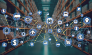 Warehouse background with web of interconnected icons ranging from iPhone, airplane, laptop, location, shopping cart, and graphs