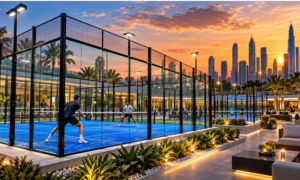 Outdoor blue padel court with glass walls and metal framing at sunset