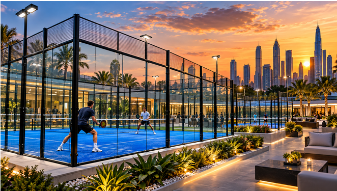 Outdoor blue padel court with glass walls and metal framing at sunset