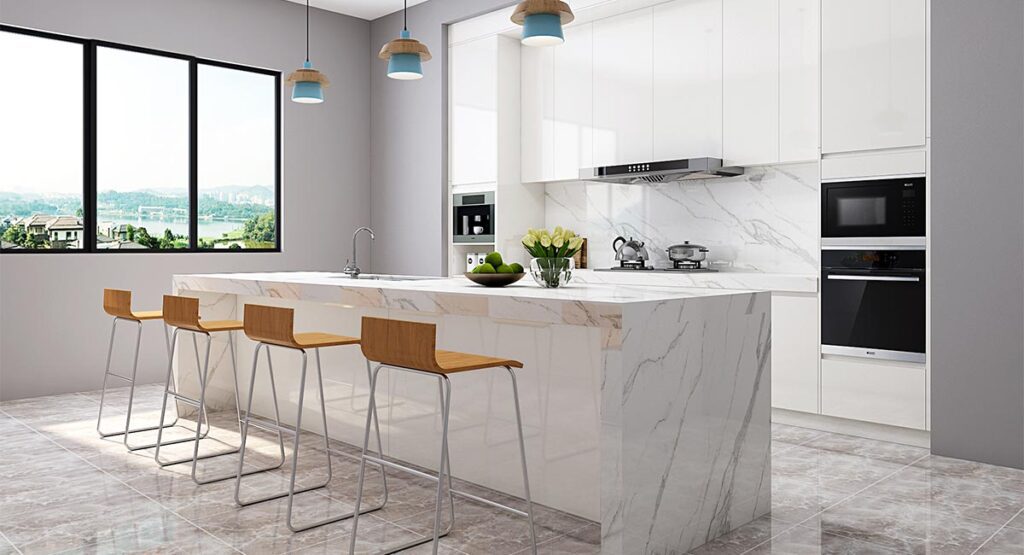 Modern kitchen featuring affordable quartz worktops made with advanced technology.