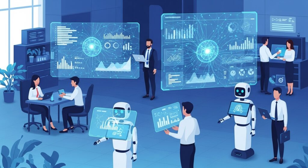 A modern digital illustration showing how AI is transforming business operations