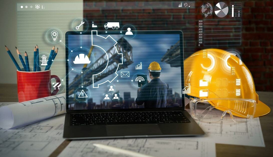 Builder using safety management software on a tablet at a construction site