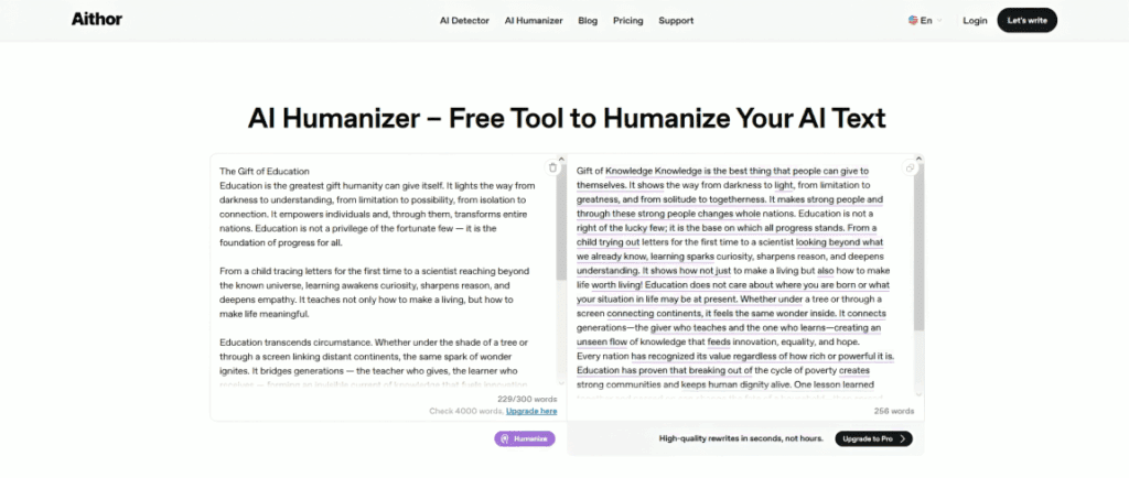 AI Humanizer interface screenshot showing Aithor’s free tool that transforms robotic AI-generated content into natural, human-like writing.