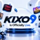KIXO9 is Officially Live surrounded by floating game provider icons, casino chips, dice, and a crown.