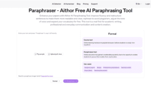 Aithor AI Paraphrasing Tool interface displaying multiple rewriting modes for academic, professional, and creative writing tasks.