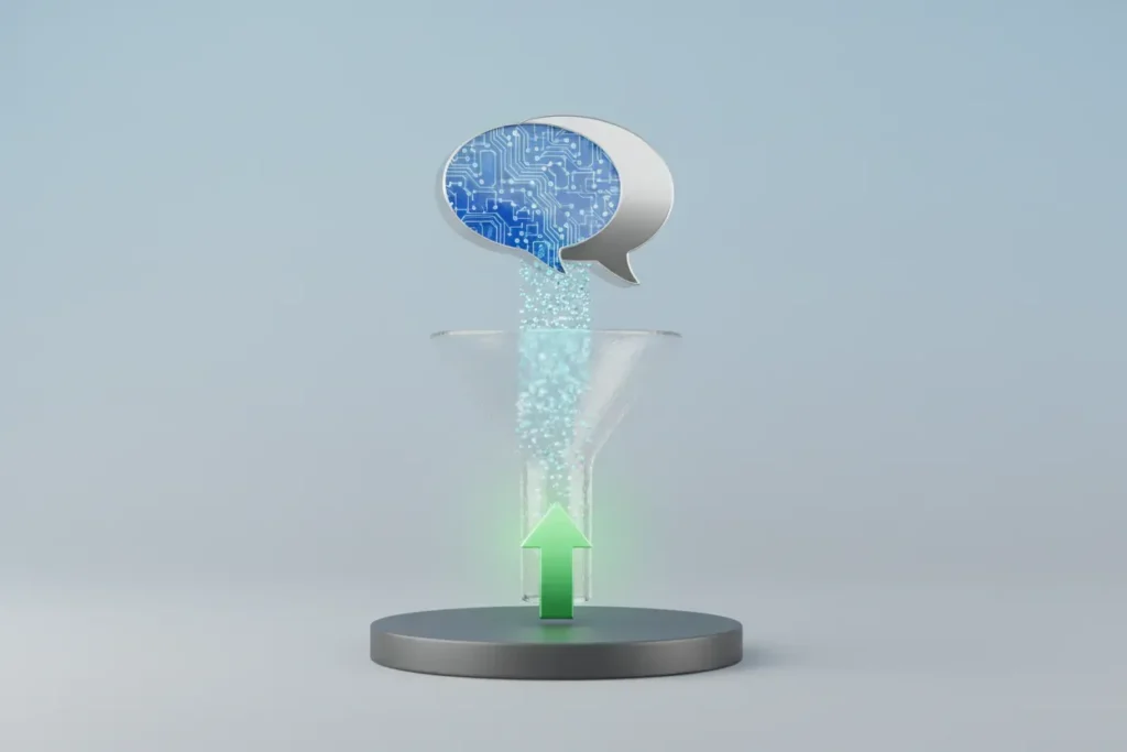 Floating chatbot bubble streams glowing dots into a glass sales funnel, which outputs an upward green arrow, on a soft neutral background.