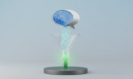 Floating chatbot bubble streams glowing dots into a glass sales funnel, which outputs an upward green arrow, on a soft neutral background.