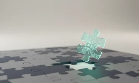 Glowing puzzle piece above an empty slot, symbolizing AI revealing a gap in content strategy.