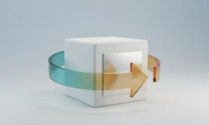 Minimal 3D cube encircled by a translucent arrow ring, symbolizing customer feedback refining a product on a soft neutral background.