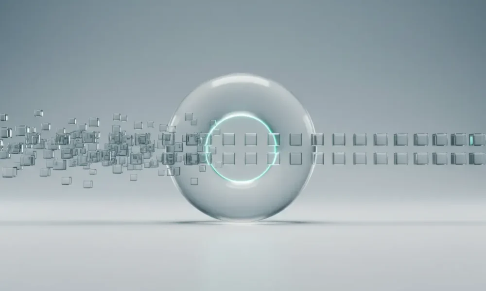 Minimalist 3D render of a glowing filter ring aligning data cubes, symbolizing data validation and integrity on a soft gradient background.