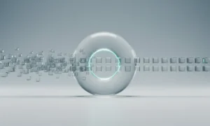 Minimalist 3D render of a glowing filter ring aligning data cubes, symbolizing data validation and integrity on a soft gradient background.