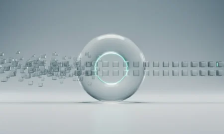 Minimalist 3D render of a glowing filter ring aligning data cubes, symbolizing data validation and integrity on a soft gradient background.