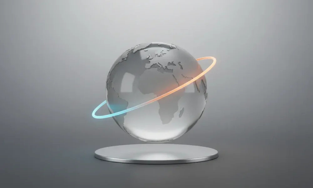 Translucent 3D globe with a single glowing arc linking two continents on a soft neutral background.