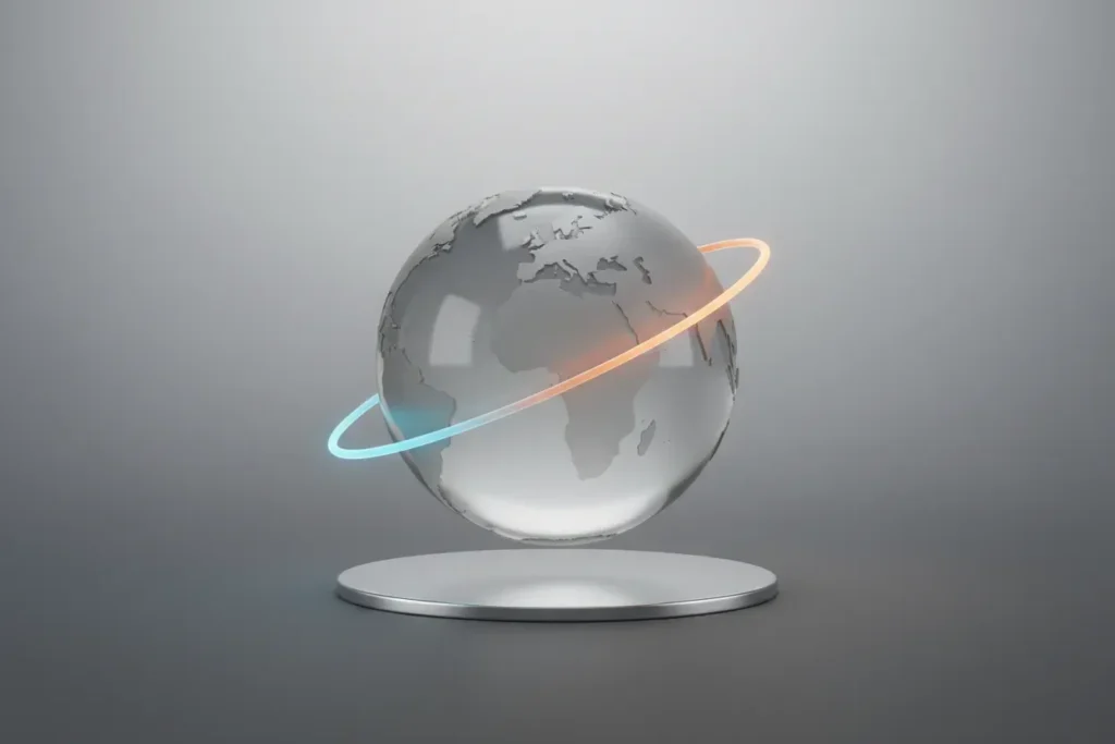 Translucent 3D globe with a single glowing arc linking two continents on a soft neutral background.