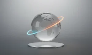 Translucent 3D globe with a single glowing arc linking two continents on a soft neutral background.