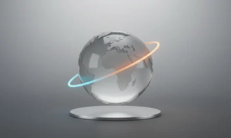 Translucent 3D globe with a single glowing arc linking two continents on a soft neutral background.