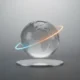 Translucent 3D globe with a single glowing arc linking two continents on a soft neutral background.