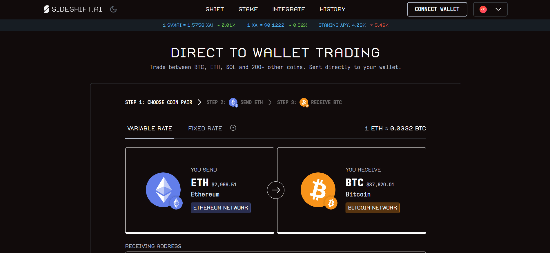 SideShift direct-to-wallet instant crypto exchange supporting 200 cryptocurrencies with XAI staking rewards.