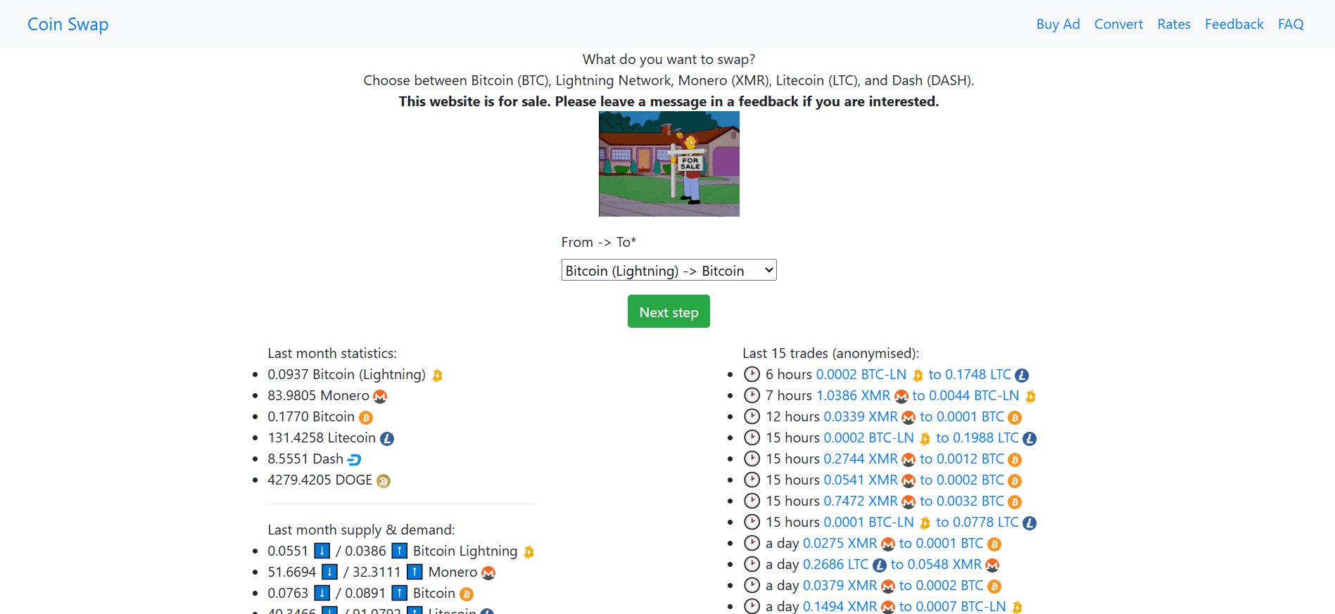 Coin Swap minimalist interface for Lightning and Monero swaps operating as a simple crypto exchange without KYC.