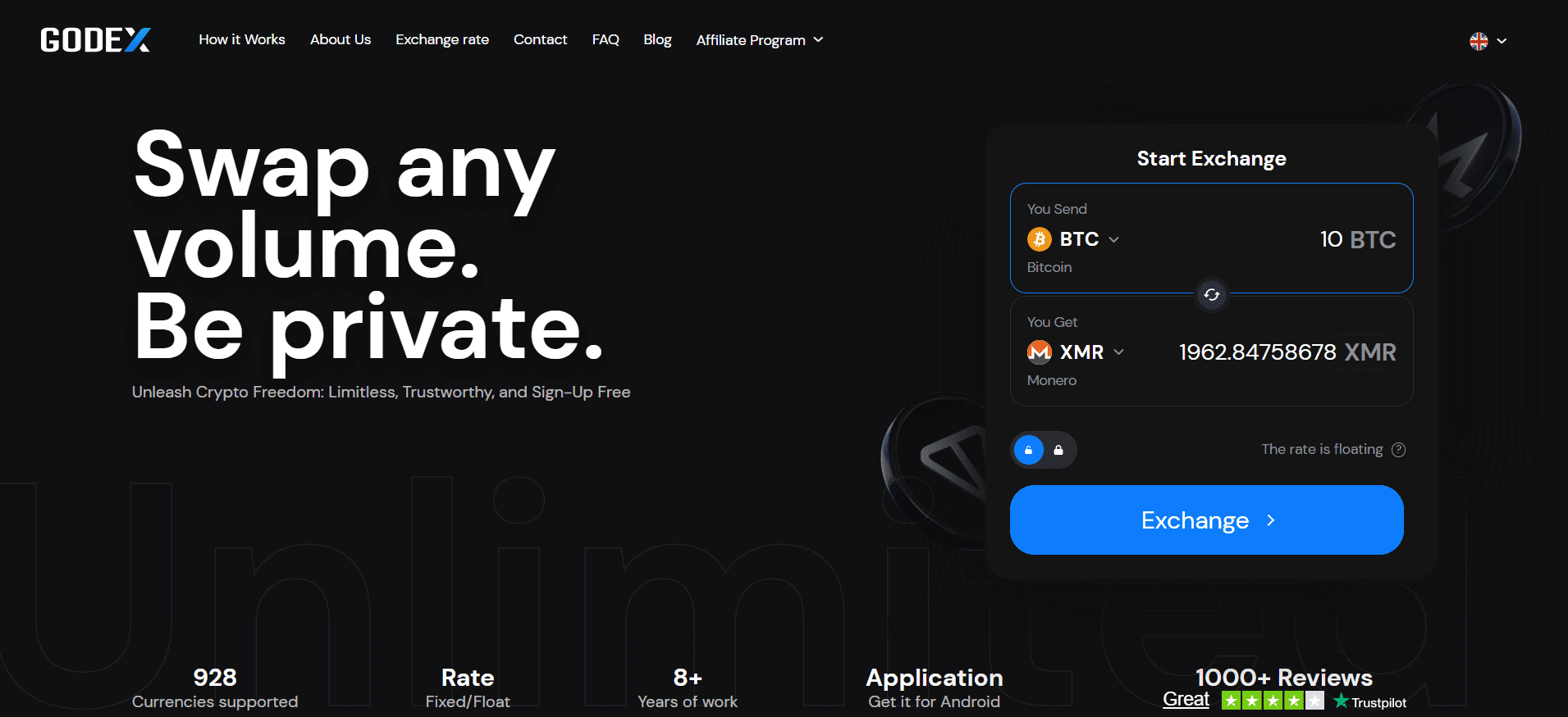 GODEX instant crypto exchange homepage featuring 928 cryptocurrencies with no KYC and unlimited swaps.