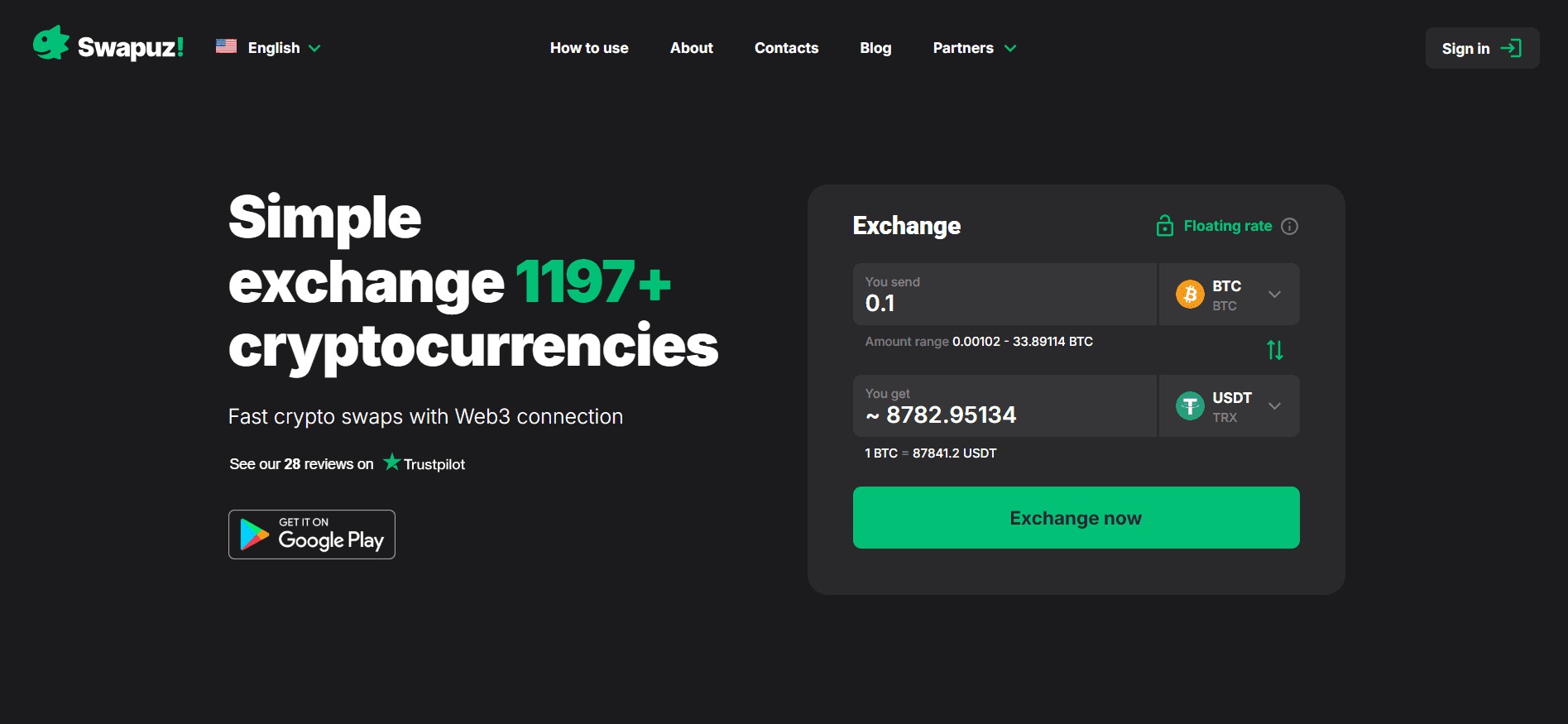 Swapuz multi-channel crypto swap platform homepage bridging CEX and DEX with 1400 supported assets.