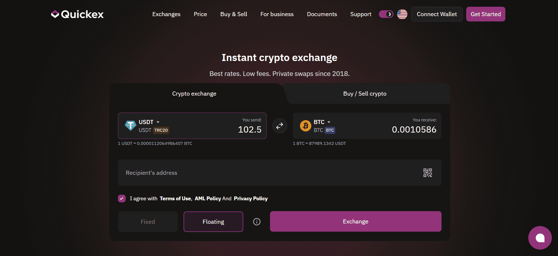Quickex fast instant crypto exchange interface offering 100000 trading pairs with transparent fees.