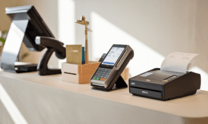 The image showcases a sleek, AI-powered credit card terminal on a modern retail store counter, surrounded by essential POS equipment like a barcode scanner, cash drawer, and receipt printer.