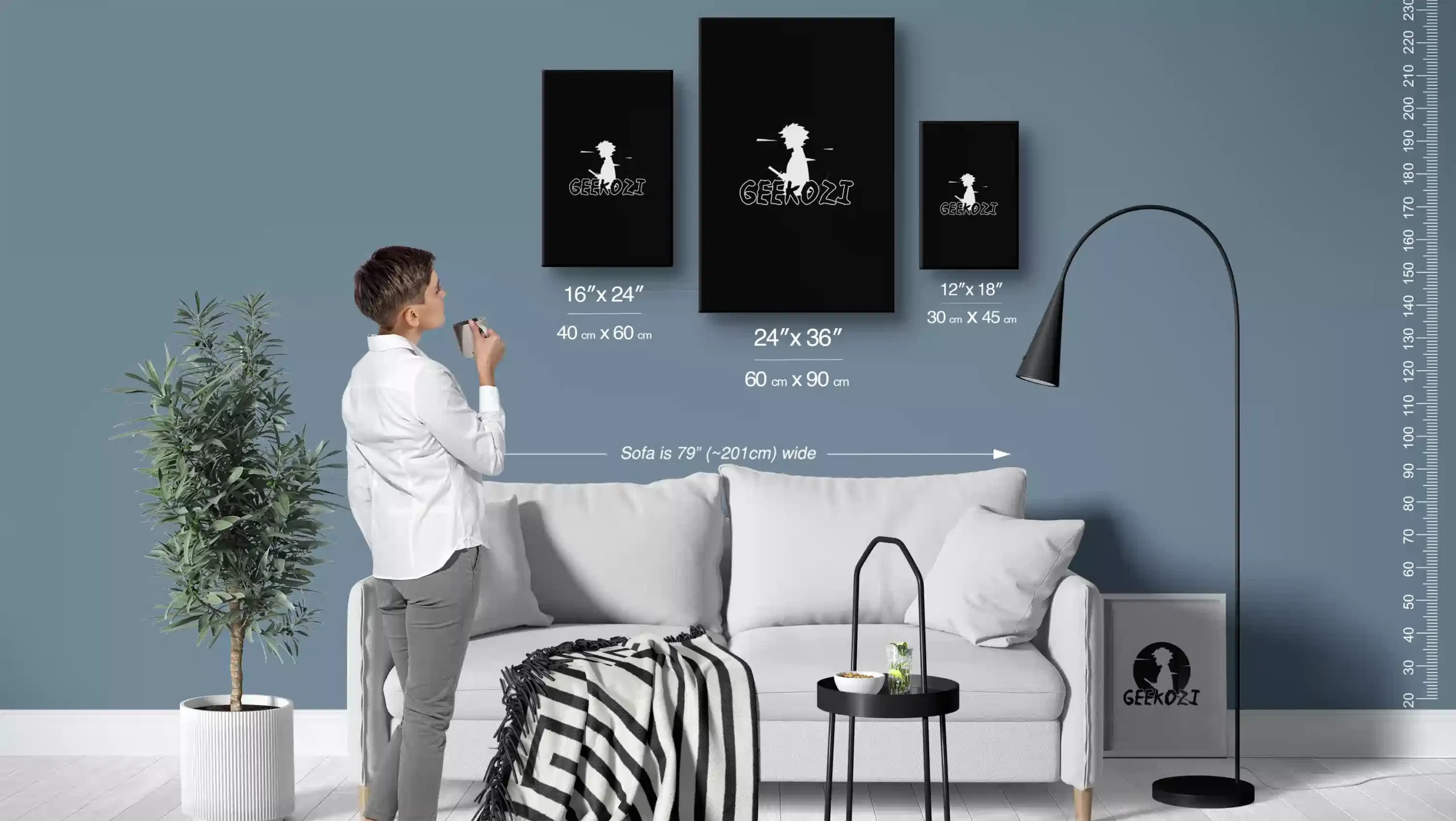 Metal poster size guide showing common dimensions and suggested viewing distances