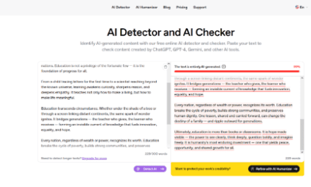 Aithor AI Detector interface showing text analysis results with 99% AI-generated score, highlighting flagged passages in a web-based checker.