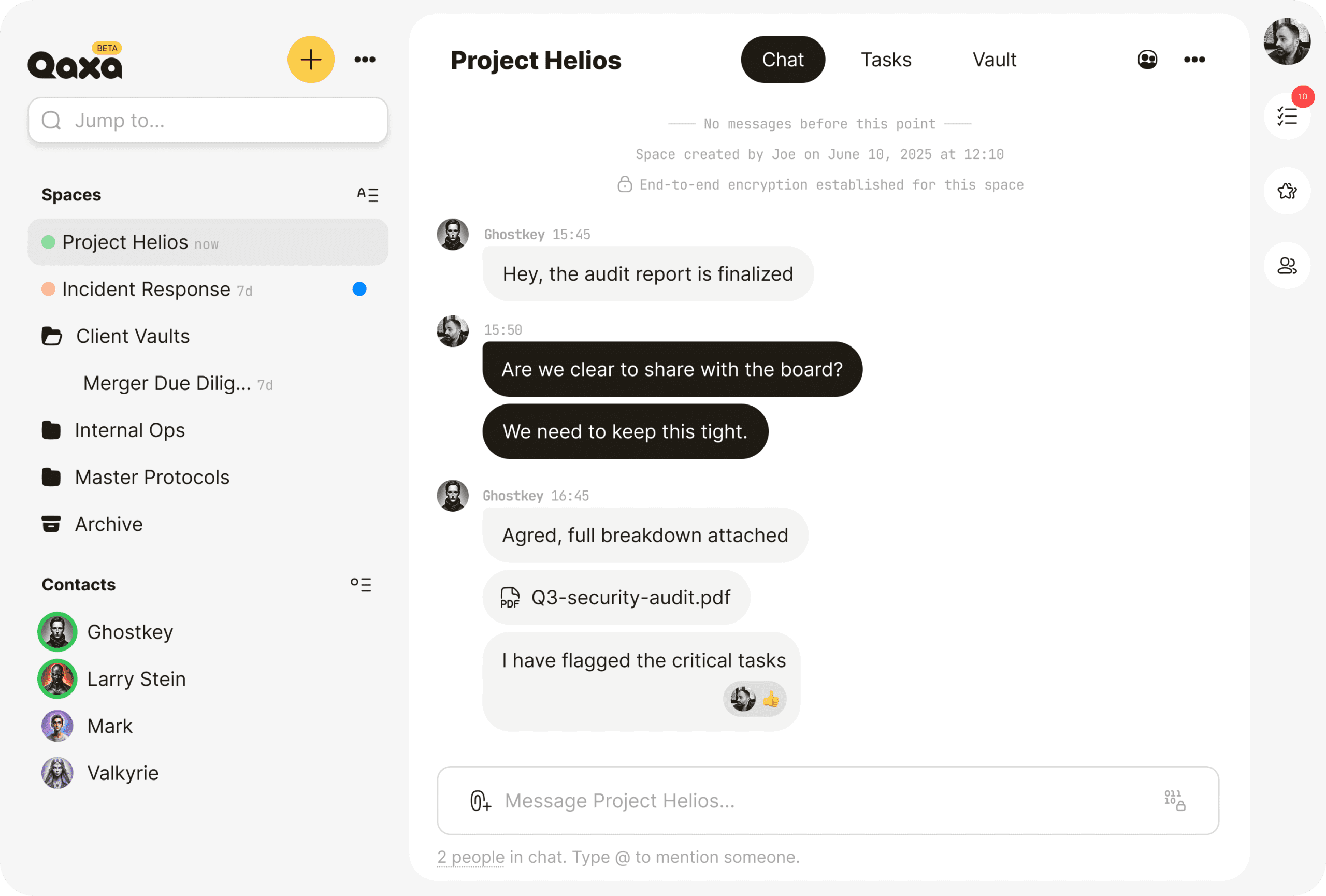 Chat in real time, assign tasks, write notes, and share files 