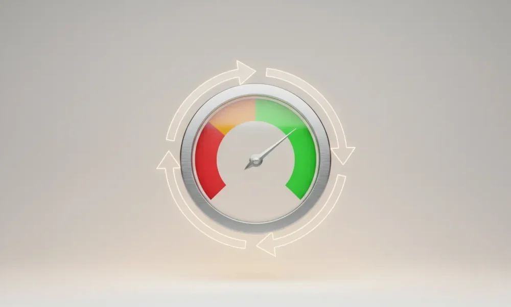 Central progress gauge with a circular feedback arrow, needle in green, on a soft neutral background symbolizing a pilot rollout.
