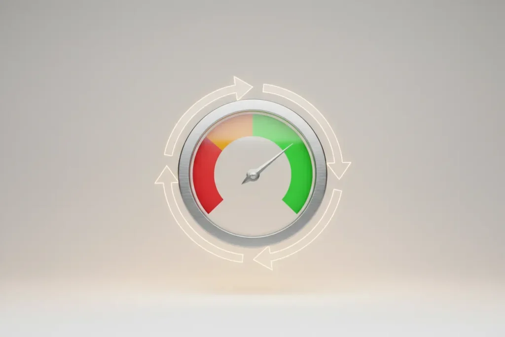 Central progress gauge with a circular feedback arrow, needle in green, on a soft neutral background symbolizing a pilot rollout.