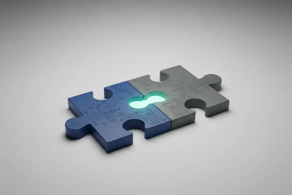 Two interlocking 3D puzzle pieces with subtle circuit patterns and a soft teal glow along the seam on a neutral background