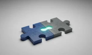 Two interlocking 3D puzzle pieces with subtle circuit patterns and a soft teal glow along the seam on a neutral background
