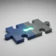 Two interlocking 3D puzzle pieces with subtle circuit patterns and a soft teal glow along the seam on a neutral background