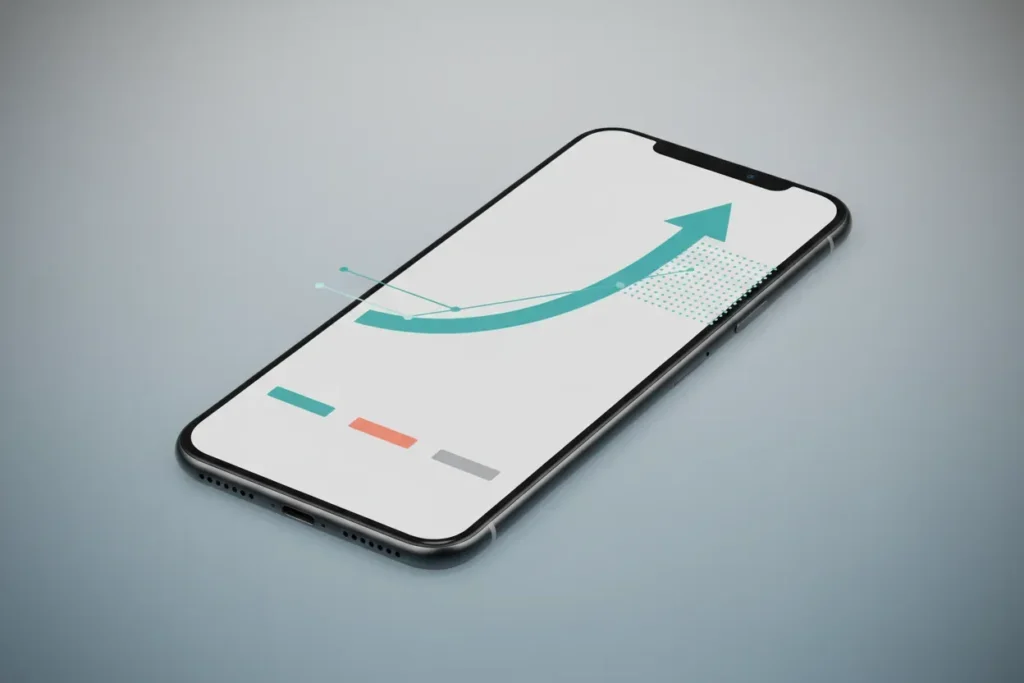 Minimalist smartphone with a clean budget line chart and translucent forecast band on a soft gray background.