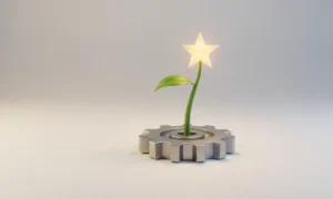 Steel gear sprouting a single green shoot topped with a golden star on a soft neutral background.