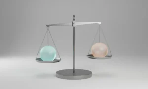 Minimalist balance scale with two identical glowing spheres, symbolizing a tough choice, on a soft neutral background.