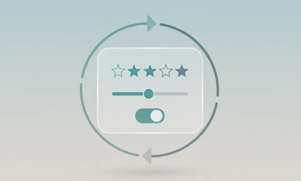 Floating feedback panel with star rating, slider, and toggle, encircled by a subtle feedback loop on a soft gradient background.
