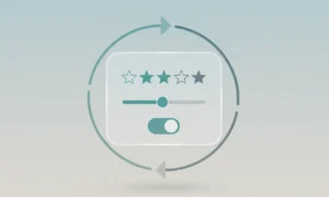 Floating feedback panel with star rating, slider, and toggle, encircled by a subtle feedback loop on a soft gradient background.