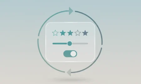 Floating feedback panel with star rating, slider, and toggle, encircled by a subtle feedback loop on a soft gradient background.