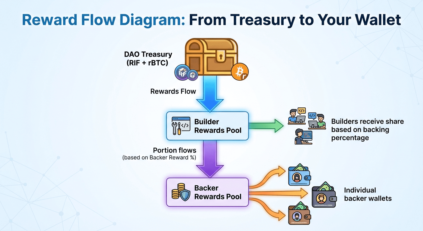 Diagram showing bitcoin rewards distribution flow from DAO Treasury through Builder Rewards Pool to individual backer wallets, illustrating how RIF, USDRIF and rBTC tokens are distributed based on backing percentage.