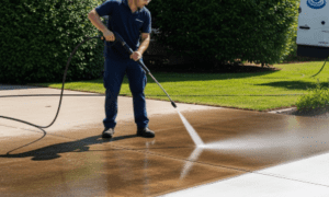 Worker pressure washing driveway while wearing safety glasses