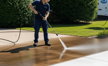 Worker pressure washing driveway while wearing safety glasses
