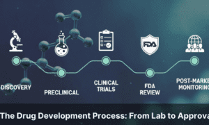 Five stages of the drug development process from lab discovery to FDA approval with peptide compound pipeline illustration