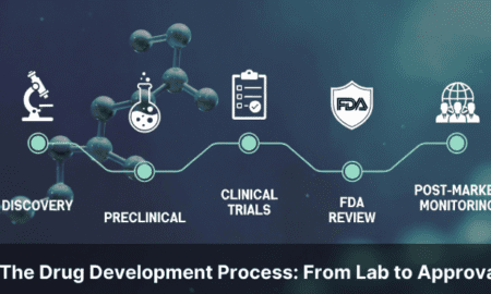 Five stages of the drug development process from lab discovery to FDA approval with peptide compound pipeline illustration
