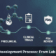 Five stages of the drug development process from lab discovery to FDA approval with peptide compound pipeline illustration